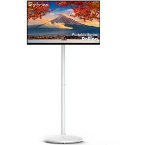 SYLVOX 27" Rolling Smart TV, 1080p Touchscreen, Android 14, 8GB+128GB, 10000mAh Battery, Voice Remote, Dual 10W Speakers, White